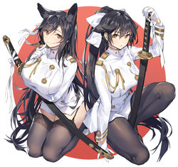  2girls aemochi animal_ears atago_(azur_lane) azur_lane bad_id bad_pixiv_id black_garter_straps black_hair black_pantyhose black_thighhighs breasts closed_mouth garter_straps gloves hair_ribbon katana kneeling large_breasts long_hair looking_at_viewer military military_uniform miniskirt multiple_girls pantyhose ponytail ribbon sitting skirt smile sword takao_(azur_lane) thighhighs uniform very_long_hair wariza weapon white_gloves white_ribbon yellow_eyes 