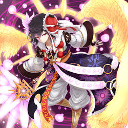  1boy azure_luna black_hair commentary_request detached_sleeves male_focus mask original red_eyes solo staff tengu tengu_mask wings 