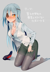  blue_hair blush breasts cleavage commentary_request ediblepanda eyepatch female genderswap_(mtf) high_heels inazuma_eleven inazuma_eleven_(series) kneeling large_breasts long_hair orange_eyes pantyhose rule_63 sakuma_jirou shoes simple_background skirt solo thighband_pantyhose translation_request unworn_shoes 