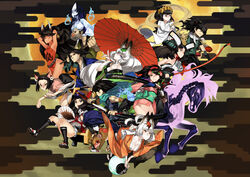  92m animal_ears bare_shoulders bow_(weapon) breasts character_request chinese_clothes cleavage commentary_request dudou hair_ornament highres horse japanese_clothes katana kimono kisuke kongiku lantern large_breasts leaf leaf_on_head medium_breasts momohime multiple_boys multiple_girls oboro_muramasa paper_lantern sayo_(oboro_muramasa) scarf shell sword torahime umbrella weapon white_hair yagyuu_yukinojou yuzuruha 