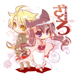  1boy agemaki_kei animal_ears blush bow chibi commentary_request female fox_ears hairbow japanese_clothes kimono long_hair military military_uniform momoi_ryouta obi otome_youkai_zakuro photoshop_(medium) pink_bow purple_eyes sash sword twintails uniform weapon yellow_eyes zakuro_(otome_youkai_zakuro) 