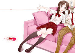  aco_(koaya_ako) blood bow bowtie brown_eyes brown_hair commentary_request couch female long_hair mannequin misono_mayu plaid plaid_skirt school_uniform skirt solo_focus string string_of_fate translated usotsuki_mii-kun_to_kowareta_maa-chan 