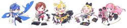  2boys 3girls bass_guitar black_footwear blonde_hair blue_eyes blue_hair boots bow brown_eyes brown_hair chibi closed_eyes coat dress drum drumsticks electric_guitar frilled_dress frilled_skirt frills full_body gloves guitar hairbow headset instrument kagamine_len kagamine_rin kaito_(vocaloid) keyboard_(instrument) len_(a-7) lineup long_hair magical_mirai_(vocaloid) magical_mirai_kaito magical_mirai_len magical_mirai_luka magical_mirai_meiko magical_mirai_rin matching_outfits megurine_luka meiko_(vocaloid) multiple_boys multiple_girls music one_eye_closed open_clothes open_coat pants pantyhose pink_hair playing_instrument red_skirt sailor_collar scarf short_sleeves shorts side_slit sitting skirt sleeveless sleeveless_dress smile speaker standing standing_on_one_leg transparent_background vocaloid white_gloves wide_image wire 