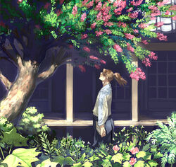  1boy architecture brown_hair closed_mouth commentary_request covered_eyes dappled_sunlight east_asian_architecture flower from_side garden hakama hip_vent japanese_clothes long_hair looking_up lotus_temple male_focus outdoors ponytail rakudai_ninja_rantarou scenery shade solo standing sunlight tree wind yamada_rikichi 