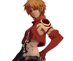  1boy abs commentary_request eric_der_vogelweid gloves god_eater god_eater_burst kuzu_(miduhana) male_focus orange_hair simple_background solo sunglasses tattoo topless_male white_background 