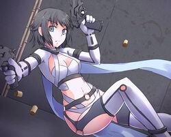  breasts cleavage commentary_request crop_top dual_wielding female gun holding mardock_scramble medium_breasts midriff pizanuko rune_balot shell_casing solo thighhighs weapon 