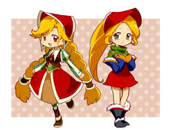  2girls blonde_hair boots braid chibi commentary_request cordelia_(saga) full_body gloves green_eyes head_scarf kokecoo long_hair long_sleeves meythia multiple_girls parted_bangs polka_dot polka_dot_background puffy_long_sleeves puffy_sleeves red_eyes saga saga_frontier saga_frontier_2 tears twin_braids 