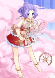  alternate_costume anklet bad_id bad_pixiv_id bare_legs barefoot blue_eyes blush bra bracelet breasts female full_body holding jewelry kumoi_ichirin looking_at_viewer medium_breasts naka_akira ponytail purple_hair skirt smile solo standing sword touhou underwear weapon wheel_of_dharma 