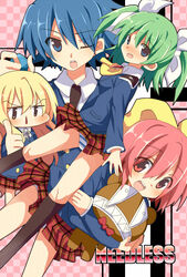  1boy 3girls bad_id bad_pixiv_id blood blush crossdressing cruz_schild hizuno kuchinashi_(needless) mio_(needless) multiple_girls needless nosebleed otoko_no_ko panties pantyshot school_uniform setsuna_(needless) twintails underwear yamada_(needless) 