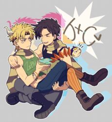  2boys alternate_costume bad_id bad_pixiv_id battle_tendency black_hair bracelet caesar_anthonio_zeppeli carrying jack-in-the-box jewelry jojo_no_kimyou_na_bouken joseph_joestar joseph_joestar_(young) kars_(jojo) morphin_e multiple_boys princess_carry scarf striped_clothes striped_scarf tank_top 