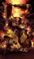  arm_up charles_babbage_(fate) club_(weapon) craft_essence_(fate) fate/grand_order fate_(series) fire full_body gundam last_shooting machine mecha mobile_suit_gundam no_humans official_art parody robot shimizu_eiichi shimoguchi_tomohiro solo steam steampunk weapon 