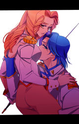  1boy arisugawa_juri ateka blue_hair commentary_request curly_hair female long_hair orange_hair school_uniform shoujo_kakumei_utena sword tsuchiya_ruka weapon 