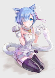  alternate_costume animal_ears bad_id bad_pixiv_id bell black_thighhighs blue_eyes blue_hair blush breasts female full_body fur_trim garter_straps gloves hair_ornament hair_over_one_eye hair_ribbon halloween halloween_costume kemonomimi_mode lingerie looking_at_viewer medium_breasts paw_pose photoshop_(medium) re:zero_kara_hajimeru_isekai_seikatsu rem_(re:zero) ribbon short_hair sitting solo tail thighhighs tochibi underwear x_hair_ornament 