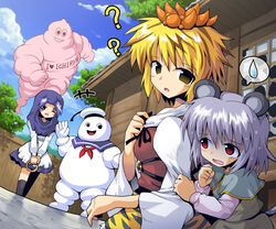  3girls ? animal_ears blonde_hair blue_eyes blue_hair bracelet commentary_request cosplay donald_duck_sailor_hat english_text ghostbusters grey_hair hair_ornament hood jewelry kumoi_ichirin kurogarasu michelin michelin_man michelin_man_(cosplay) mouse_ears mouse_tail multiple_girls murasa_minamitsu nazrin one_eye_closed photoshop_(medium) red_eyes short_hair spoken_sweatdrop stay_puft stay_puft_(cosplay) sweat sweatdrop tail toramaru_shou touhou turn_pale unzan yellow_eyes 