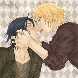  2boys black_hair blonde_hair blue_eyes blush brothers casual incest kousaka_kirino kousaka_kyousuke licking multiple_boys open_mouth ore_no_imouto_ga_konna_ni_kawaii_wake_ga_nai pixiv_thumbnail resized rule_63 short_hair siblings simple_background surprised sweat toryi yaoi 