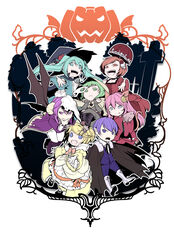  2boys 5girls :d absurdres aku_no_musume_(vocaloid) akujiki_musume_conchita_(vocaloid) akutoku_no_judgement_(vocaloid) alternate_costume animal_ears animal_skull apple aqua_eyes aqua_hair banica_conchita bat_(animal) bat_wings black_cape blonde_hair blue_suit boots bow bowtie braid brown_eyes cape cat_ears cat_tail chibi choker cloak combat_boots commentary_request crazy_eyes creator_connection cross cross-laced_footwear crown demon_wings domino_mask dress elbow_gloves enbizaka_no_shitateya_(vocaloid) eve_moonlit evil_smile evillious_nendaiki fangs fingerless_gloves fire flower food forest formal frilled_dress frills fruit gallerian_marlon gloves goat_horns graveyard green_eyes green_hair grey_skirt gumi hair_flower hair_ornament hairclip hairpin halloween halloween_costume hand_on_own_chin hat hatsune_miku high_heel_boots high_heels highres holding holding_clothes hood horns ichi_ka iron_cross jack-o&#039;-lantern japanese_clothes judge kagamine_rin kaito_(vocaloid) kamui_gakupo kimono knee_boots kneeling lace-up_boots leaning_forward long_coat long_hair margarita_blankenheim mask megurine_luka meiko_(vocaloid) mini_crown moonlit_bear_(vocaloid) multiple_boys multiple_girls nature nemesis_no_juukou_(vocaloid) nemesis_sudou nemurase_hime_kara_no_okurimono_(vocaloid) oerba_yun_fang open_mouth outstretched_hand parasol partial_commentary patterned_clothing paw_print pigeon-toed pink_hair plant ponytail pumpkin purple_eyes purple_hair red_dress red_kimono riliane_lucifen_d&#039;autriche rose sandals sateriasis_venomania seven_deadly_sins shirt short_hair side_braid silhouette simple_background skirt smile songover spoilers sudou_kayo suit tail tombstone tower tuna umbrella updo v-shaped_eyebrows vampire venomania_kou_no_kyouki_(vocaloid) victorian vines vocaloid white_footwear wings witch witch_hat yellow_dress 