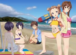  1boy 4girls :o alternate_hairstyle beach bikini black_hair blonde_hair blue_eyes blue_hair blush brown_eyes brown_hair casual_one-piece_swimsuit chuunibyou_demo_koi_ga_shitai! code_geass commentary_request dekomori_sanae double_bun eyepatch frilled_bikini frilled_one-piece_swimsuit frills fukuyama_jun green_eyes hair_bun hair_ornament hairclip hood hoodie kuri_youkan long_hair looking_at_viewer mask medical_eyepatch multiple_girls nibutani_shinka one-piece_swimsuit one_side_up open_mouth outdoors short_hair shorts side_ponytail sitting smile swimsuit takanashi_rikka togashi_yuuta tsuyuri_kumin twintails very_long_hair voice_actor_connection water_gun zero_(code_geass) 