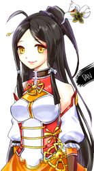  ara_han bad_id bad_pixiv_id black_hair dan_(astsr1) dress elsword half_updo little_xia_(elsword) long_hair orange_dress ponytail sidelocks skirt smile solo white_background yellow_eyes 