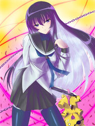  aquakurow black_thighhighs blush chains colored_inner_hair commentary_request female harakiri_tora kampfer long_hair multicolored_hair open_mouth photoshop_(medium) purple_eyes purple_hair sangou_shizuku school_uniform seitetsu_academy_school_uniform serafuku skirt solo stuffed_animal stuffed_tiger stuffed_toy thighhighs two-tone_hair 