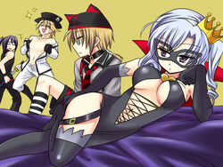  3boys arsene bad_id bad_pixiv_id belt blonde_hair buckle cape crown female grey_hair hat heart henriette_mystere ichi_(ichiyarou) latex licking lying multiple_boys night purple_eyes rat_(milky_holmes) stone_river tantei_opera_milky_holmes thighhighs twenty_(milky_holmes) 