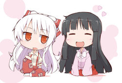  2girls black_hair blush_stickers bow chibi closed_eyes commentary_request fujiwara_no_mokou hairbow heart houraisan_kaguya ladfa long_hair multiple_girls photoshop_(medium) red_eyes suspenders touhou white_hair 