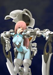  101_(lo10) armor bodysuit commentary_request female highres long_hair mecha_musume open_mouth original pink_eyes pink_hair smile solo 