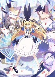  ace_(playing_card) ace_of_clubs ace_of_diamonds ace_of_hearts ace_of_spades alternate_hairstyle apron black_bow black_footwear blonde_hair blue_dress bow card checkerboard_cookie clock club_(shape) cookie diamond_(shape) dress elizabeth_tower female food four_of_clubs four_of_spades frilled_apron frilled_legwear frills full_body green_eyes hair_ribbon heart long_hair looking_at_viewer mononobe_alice mononobe_alice_(1st_costume) nekopote nijisanji playing_card rabbit ribbon short_sleeves signature smile solo spade_(shape) three_of_diamonds two_of_hearts two_side_up very_long_hair virtual_youtuber white_apron 