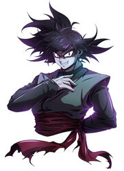  1boy black_hair dragon_ball dragon_ball_super earrings evil_grin evil_smile goku_black grin highres jewelry long_sleeves looking_at_viewer male_focus messy_hair potara_earrings red_eyes red_sash ring sash shumai_(sm318) simple_background smile solo upper_body white_background 