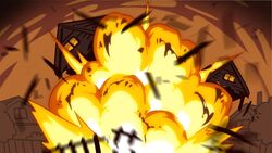  brown_theme burning burning_building debris destruction explosion explosion_gag fence fire helltaker highres house kyo-hei_(kyouhei) no_humans tree 