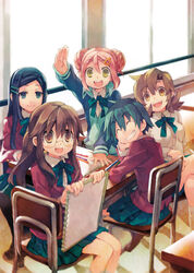  5girls absurdres arm_up black_eyes black_hair black_legwear blazer brown_eyes brown_hair chair classroom desk ga_geijutsuka_art_design_class green_hair green_ribbons green_skirt grin hair_ornament hairclip hand_up highres jacket kiyuzuki_satoko light_brown_hair long_hair long_sleeves looking_at_viewer miniskirt multiple_girls neck_ribbon noda_miki non-web_source nozaki_namiko official_art oomichi_miyabi pantyhose photoshop_(medium) pleated_skirt red_jacket ribbon round_eyewear school_chair school_desk school_uniform shirt short_hair sitting sketchbook skirt smile tomokane track_jacket white_legwear white_shirt yamaguchi_kisaragi 