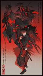  5boys arm_guards black_border black_cape black_footwear black_headwear black_pants black_scarf border bridal_gauntlets brown_hair cape character_name covered_mouth doi_hansuke facing_away fishnet_legwear fishnets flame_print hair_tubes head_scarf headband high_ponytail highres hip_vent ine_(zx_o4) japanese_clothes jika-tabi long_hair long_sleeves looking_at_viewer looking_back male_focus mask mask_pull mouth_mask multiple_boys ninja ninja_mask pants ponytail print_cape puffy_pants rakudai_ninja_rantarou red_eyes red_ribbon red_theme ribbon rope scarf short_hair solo_focus standing sword two-sided_cape two-sided_fabric walking weapon wide_sleeves 