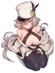  aningay black_pantyhose breasts closed_mouth commentary_request dress eyes_visible_through_hair female girls&#039;_frontline green_hair hair_between_eyes hat hat_feather kord_(girls&#039;_frontline) large_breasts long_hair looking_at_viewer off_shoulder pantyhose red_eyes seiza simple_background sitting solo very_long_hair white_background white_dress white_hat 