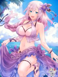  bangle bikini blue_eyes blue_sky bracelet braid breasts cloud day female flower hair_flower hair_ornament jewelry large_breasts light_purple_hair long_hair navel official_art omc open_mouth outdoors sandals single_braid sky smile solo standing standing_on_one_leg swimsuit thigh_strap tukune watermark white_bikini 