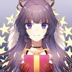  christmas close-up closed_mouth earrings female gift gloves hair_between_eyes holding holding_gift honkai_(series) honkai_impact_3rd idass_(idass16) jewelry long_hair looking_at_viewer portrait purple_eyes purple_hair raiden_mei red_gloves smile solo star_(symbol) 