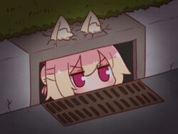  animal_ear_fluff animal_ears blonde_hair blush commentary_request concrete crack female fox_ears grass grate hair_between_eyes hair_bun it_(stephen_king) kemomimi-chan_(naga_u) meme naga_u original outdoors pennywise_in_the_sewer_(meme) purple_eyes sewer_grate single_hair_bun solo storm_drain v-shaped_eyebrows 