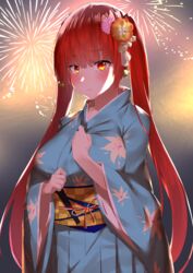  absurdres azur_lane bell blue_kimono blunt_bangs blush breasts closed_mouth commentary_request cotton_kanzaki evening female fireworks flower hair_bell hair_flower hair_ornament highres honolulu_(among_the_stalls)_(azur_lane) honolulu_(azur_lane) japanese_clothes kimono large_breasts long_hair long_sleeves looking_at_viewer obi official_alternate_costume red_eyes red_hair sash sidelocks solo standing summer_festival twintails very_long_hair wide_sleeves yukata 