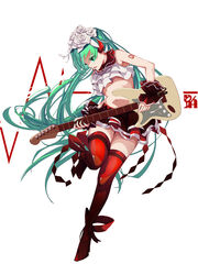  absurdres alternate_costume ankle_ribbon aqua_nails argyle artist_name bare_arms belt bless_you_(module) boots bow bow_legwear cardiogram chinese_commentary colored_eyelashes commentary crop_top electric_guitar eyelashes female fingernails flat_chest floating_hair flower foot_up full_body green_eyes green_hair guitar hair_flower hair_ornament half-closed_eyes hatsune_miku highres holding holding_instrument holding_plectrum instrument knees_together_feet_apart layered_skirt leaning_to_the_side left-handed leg_ribbon long_hair looking_away lower_teeth_only miniskirt music navel nisoku_hokou_(vocaloid) number_tattoo parted_lips playing_instrument plectrum project_diva_(series) r/h red_belt red_bow red_footwear red_ribbon red_skirt red_thighhighs ribbon rose shade shoulder_tattoo skirt solo stomach tattoo teeth thick_thighs thigh_boots thighhighs thighs twintails very_long_hair vocaloid white_flower white_rose wrist_cuffs zettai_ryouiki 