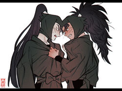  2boys arm_guards black_hair bow clenched_teeth clothes_grab eye_contact faceoff fighting from_side furrowed_brow green_headwear gripping_clothes hair_tubes hand_up head_scarf high_ponytail hip_vent ine_(zx_o4) japanese_clothes letterboxed long_hair long_sleeves looking_at_another male_focus multiple_boys nanamatsu_koheita ninja pale_skin ponytail profile rakudai_ninja_rantarou sash simple_background straight_hair sweat tachibana_senzou teeth thick_eyebrows white_background 