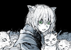  animal_ears black_background cat_ears commentary_request feline female green_eyes looking_at_viewer monochrome neko_zukin open_mouth original short_hair solo spot_color upper_body 