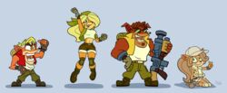  2021 4_fingers absurd_res activision anthro bandicoot breasts clothing coco_bandicoot cosplay crash_(series) crash_bandicoot crop_top cropped_jacket crossover crossover_cosplay crunch_bandicoot eyewear female fingers footwear glasses gloves green_eyes group gun hair handwear hi_res kevintrentin long_hair male mammal marsupial metal_slug midriff navel open_mouth ranged_weapon shirt signature simple_background sunglasses tawna_bandicoot teeth topwear weapon 