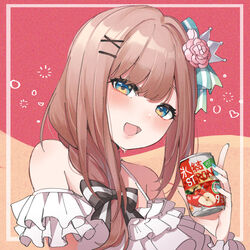  :d bare_shoulders black_bow blue_eyes blush bow braid brown_hair can commentary_request cosplay crown female flower hair_flower hair_ornament hair_over_shoulder hairclip hand_up heart highres holding holding_can long_hair mini_crown nijisanji open_mouth pink_flower pink_rose rose self_cosplay shirt smile solo striped striped_bow suzuhara_lulu suzuhara_lulu_(2nd_costume) suzuhara_lulu_(3rd_costume) suzuhara_lulu_(cosplay) tilted_headwear tittu upper_body virtual_youtuber white_shirt x_hair_ornament 