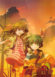  2girls absurdres bag bicycle brown_hair casual closed_eyes cloud dress dusk ga_geijutsuka_art_design_class green_eyes green_hair highres hood hooded_jacket innertube jacket kiyuzuki_satoko long_hair multiple_girls non-web_source official_art open_mouth orange_sky outstretched_arms photoshop_(medium) polo_shirt puffy_short_sleeves puffy_sleeves round_eyewear sandals shirt short_hair short_sleeves shoulder_bag sky smile spread_arms standing standing_on_one_leg striped_clothes striped_dress striped_shirt swim_ring tomokane twilight whistle yamaguchi_kisaragi 