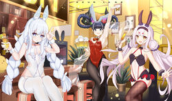  3girls absurdres alternate_costume animal_ears arm_up armpits azur_lane bar_(place) black_hair blue_eyes braid breasts chair chinese_commentary commentary_request highres jie_xian_(tsuki) katsuragi_(azur_lane) katsuragi_(night-illuminating_festival)_(azur_lane) le_malin_(azur_lane) le_malin_(listless_lapin)_(azur_lane) long_hair multiple_girls navel official_alternate_costume pantyhose playboy_bunny rabbit_ears shimakaze_(azur_lane) shimakaze_(world&#039;s_speediest_bunny_waitress)_(azur_lane) sitting small_breasts twin_braids v white_hair 