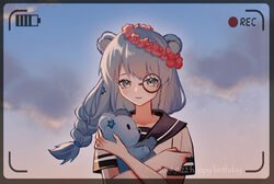  absurdres animal_ears arknights battery_indicator bear_ears blue_eyes blue_hair blue_sky braid cloud dated female flower graykn hair_ornament hands_up happy_birthday head_wreath highres holding holding_stuffed_toy istina_(arknights) long_hair looking_at_viewer monocle outdoors red_flower shirt sky solo star_(symbol) star_hair_ornament stuffed_animal stuffed_toy teddy_bear upper_body viewfinder white_shirt 