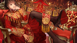  azur_lane black_footwear black_pantyhose brown_eyes brown_hair chair commentary_request crossed_legs dress female gold_trim gudadan hair_bun high_heels highres on_chair pantyhose photoshop_(medium) picture_frame red_dress single_hair_bun sitting solo star_(symbol) tassel yat_sen_(azur_lane) 