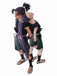  2boys arm_guards arms_behind_back black_shirt closed_eyes closed_mouth facing_up from_above from_side full_body green_shorts hair_pulled_back hair_tubes head_on_another&#039;s_shoulder high_ponytail highres ine_(zx_o4) japanese_clothes long_hair male_focus multiple_boys pale_skin ponytail purple_hair rakudai_ninja_rantarou relaxing sash shin_guards shioe_monjirou shirt shorts simple_background sleeveless smile standing straight_hair tachibana_senzou very_long_hair waraji white_background 