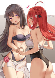  2girls :o ahoge ass back bad_id bad_pixiv_id bandeau bare_arms bare_shoulders bikini black_bikini black_choker black_hair breasts choker cleavage collarbone commentary_request cowboy_shot erze_(king&#039;s_raid) flower grey_background hair_flower hair_ornament head_tilt heart highleg highleg_bikini holding_hands interlocked_fingers king&#039;s_raid large_breasts long_hair looking_at_another looking_at_viewer multiple_girls navel one-piece_swimsuit open_mouth purple_eyes red_eyes red_hair rose sarong seria_(king&#039;s_raid) stomach strapless strapless_bikini suzuame_yatsumi swimsuit thighs two-tone_background white_background yuri 