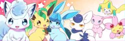  :3 alolan_vulpix blue_eyes blue_hair blue_sclera blush cherubi chromatic_aberration closed_eyes closed_mouth colored_sclera commentary_request flying glaceon gradient_background hands_on_own_hips happy holding_hands jirachi kemoribon leafeon light_blush looking_at_viewer meowstic meowstic_(female) mew_(pokemon) multiple_tails no_humans oerba_yun_fang open_mouth orange_background orange_eyes pokemon pokemon_(creature) red_eyes short_hair simple_background sitting smile standing star_(symbol) tail two_tails yellow_sclera 