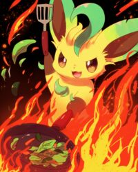  :3 arm_up black_background brown_sclera colored_sclera commentary_request cooking fire frying_pan happy highres holding kemoribon leafeon lettuce no_humans oerba_yun_fang open_mouth pokemon pokemon_(creature) red_eyes simple_background smile solo spatula 