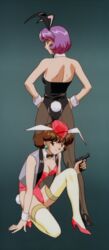  1990s_(style) 2girls agent_aika aika_(series) alternate_costume animal_ears anime_screenshot ass back bare_shoulders black_bow black_bowtie black_delmo black_delmo_leader black_legwear black_leotard bow bowtie breasts brown_eyes brown_hair cleavage closed_mouth detached_collar earrings fake_animal_ears garrison_cap grey_vest gun hair_ornament handgun hands_on_own_hips hat high_heels highleg highleg_leotard highres holding holding_gun holding_weapon jewelry legs leotard medium_breasts multiple_girls pantyhose pink_delmo pink_footwear pink_headwear pink_leotard playboy_bunny profile purple_hair rabbit_ears rabbit_tail retro_artstyle short_hair shoulder_blades simple_background smile squatting standing stitched strapless strapless_leotard suzie_(agent_aika) tail thighhighs thighs third-party_edit vest weapon white_legwear wrist_cuffs yamauchi_noriyasu 